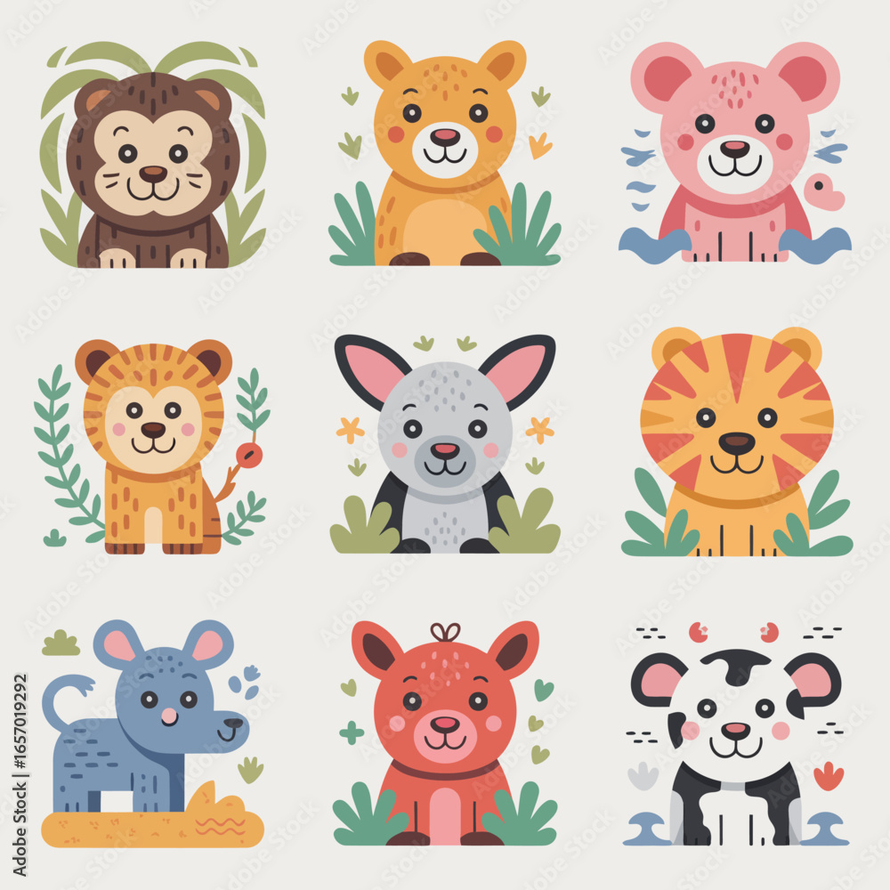 Cute Vector Cartoon Jungle Animals – Lion, Bear, Goat, and More with Greenery and Pastel Background, Perfect for Kids Books, Greeting Cards, and Educational Posters Cute Vector Cartoon Jungle Animals – Lion, Bear, Goat, and More with Greenery and Pastel Background, Perfect for Kids Books, Greeting Cards, and Educational Posters
