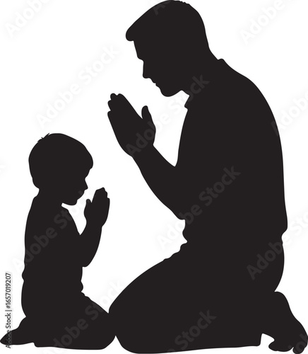 Father and son silhouette praying together on knees child family
