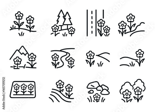 Wildflower Habitat Icons. Outline icon set of wildflower habitats: meadow, forest edge, roadside, mountain