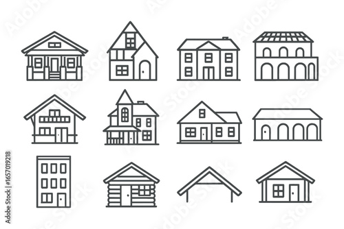 Traditional House Icons. Outline icon set of modern traditional houses: craftsman bungalow, Tudor house,