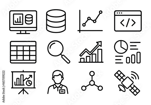 Data Journalism Icons. Outline icon set of data journalism: computer, database, charts, graphs, coding,