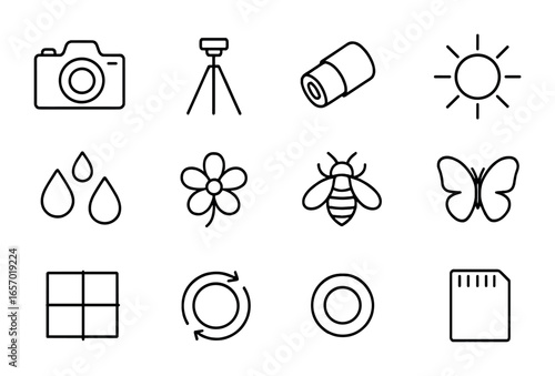 Wildflower Photography Icons. Outline icon set of wildflower photography: camera, tripod, macro lens, sunlight