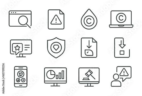 Digital IP Monitoring Icons. Outline icon set of digital IP infringement monitoring: online monitoring tool,