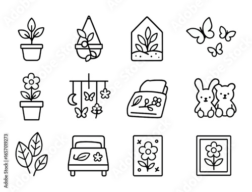 Kids' Room Nature Icons. Outline icon set of kids’ room plants and nature: small potted plants, hanging