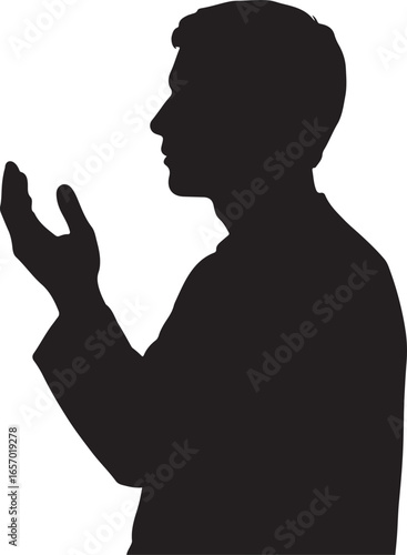 Silhouette of a man with hands raised in prayer or supplication against a white background praying