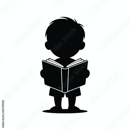black vector silhouette of a child standing and holding an open book, simple clean lines, slightly angled for depth, flat minimal style,