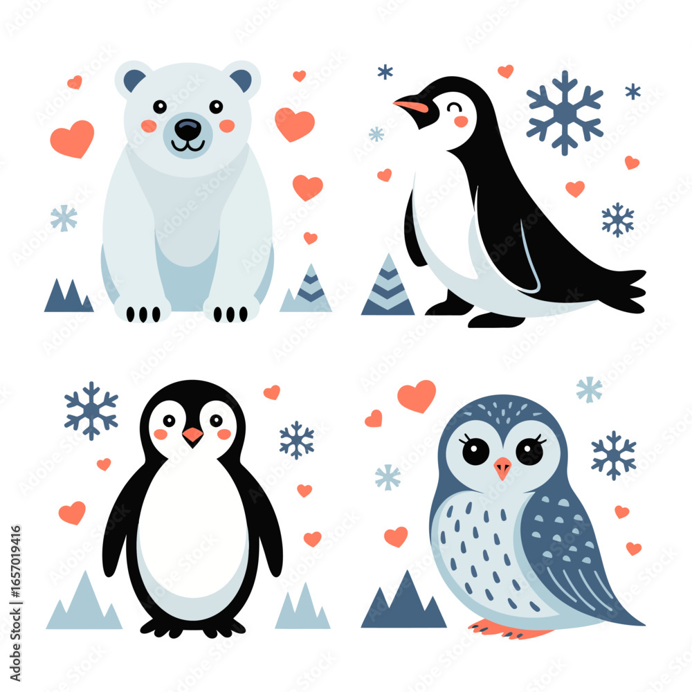 Naklejka premium Cute Vector Cartoon Winter Animals – Polar Bear, Emperor Penguin, Baby Penguin, and Owl with Snowflakes and Hearts, Perfect for Kids Books, Greeting Cards, and Winter Posters
