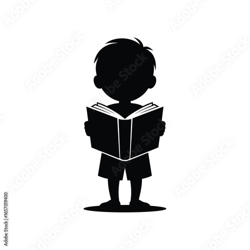 black vector silhouette of a child standing and holding an open book, simple clean lines, slightly angled for depth, flat minimal style,