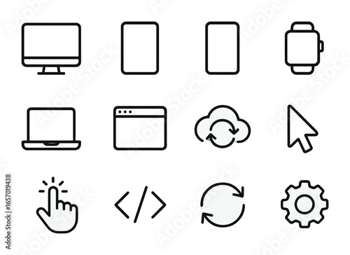 Cross-Device Icon Set. Outline icon set of cross-device compatibility: desktop, tablet, phone, smartwatch,