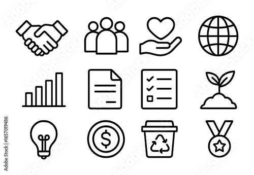 CSR Icons Grid. Outline icon set of corporate social responsibility: handshake, people group, charity heart,