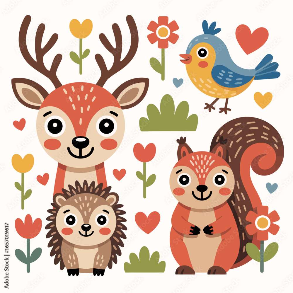 Fototapeta premium Cute Vector Cartoon Woodland Animals – Deer, Bird, Hedgehog, and Squirrel with Hearts and Flowers, Perfect for Kids Books, Greeting Cards, and Nature Illustrations