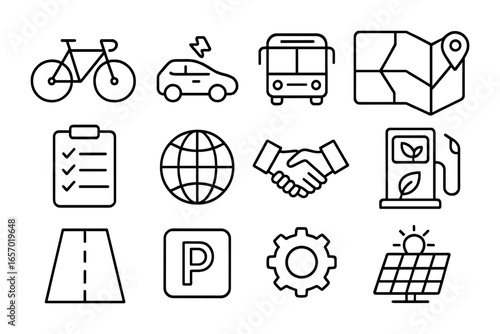 Sustainable Transport Icons. Outline icon set of sustainable transportation planning: bicycle, electric car,