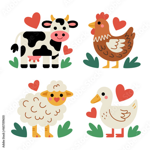 Cute Farm Animals Vector Illustration – Cow, Chicken, Sheep, Duck with Hearts, Cartoon Style best for Kids Books, Stickers, and Learning Materials