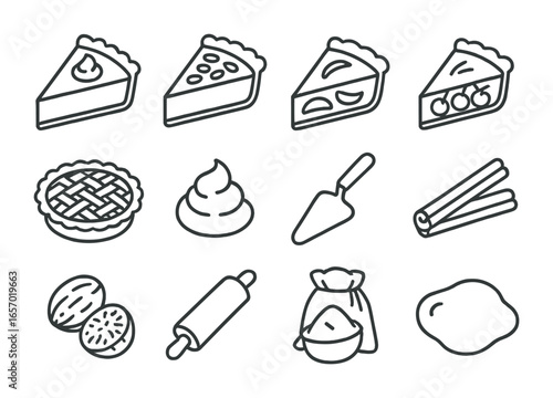 Festive Pie Icons. Outline icon set of festive pies: pumpkin pie, pecan pie, apple pie, cherry pie, lattice