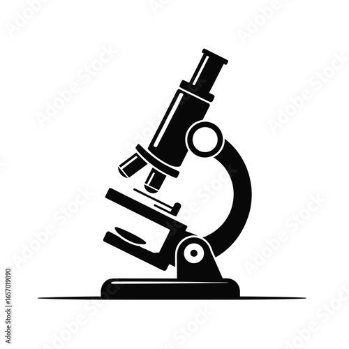  black vector silhouette of a classic compound microscope with visible eyepiece, stage, and base, slightly angled for dynamic perspective, flat minimal style, centered on white background 