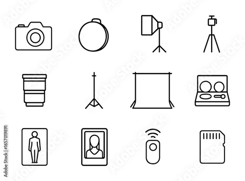Photography Equipment Icons. Outline icon set of portrait photography: camera, reflector, softbox, tripod,