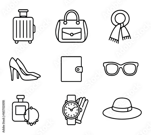 Luxury Travel Essentials Icons. Outline icon set of upscale travel fashion items: designer suitcase, leather