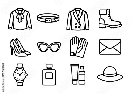 Luxury Travel Icons. Outline icon set of luxury travel outfit components: silk blouse, leather belt, designer