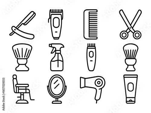 Barber Tool Icons. Outline icon set of barber tools: straight razor, electric clipper, comb, scissors, neck