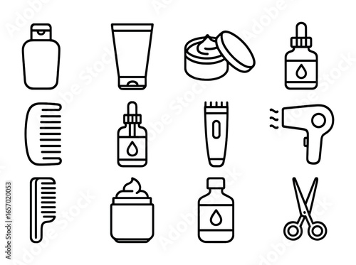 Men's Haircare Icons. Outline icon set of men’s haircare tips: shampoo bottle, styling gel, hair wax, pomade,