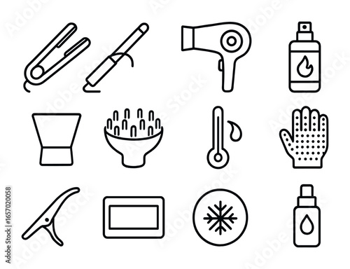 Heat Protection Icons. Outline icon set of heat protection: flat iron, curling iron, blow dryer, heat