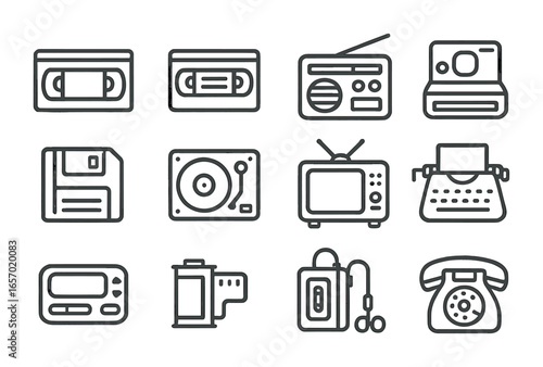 Retro Media Icons. Outline icon set of retro media: VHS tape, cassette tape, vintage radio, Polaroid camera,
