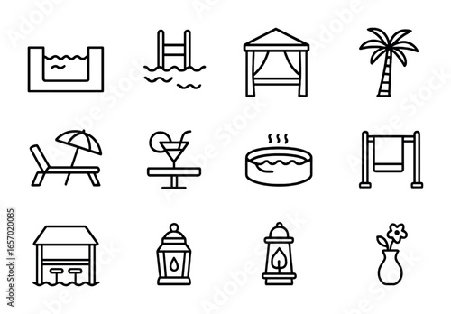 Tropical Resort Icons. Outline icon set of tropical resort pool: infinity pool, pool ladder, cabana, palm tree