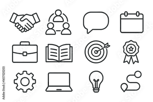 Networking Icons Grid. Outline icon set of networking and mentorship: handshake, group circle, chat bubble,