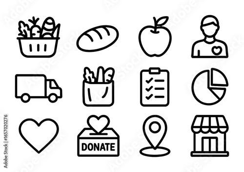 Gleaning Group Icon Set. Outline icon set of gleaning groups: basket of produce, bread loaf, apple, volunteer,