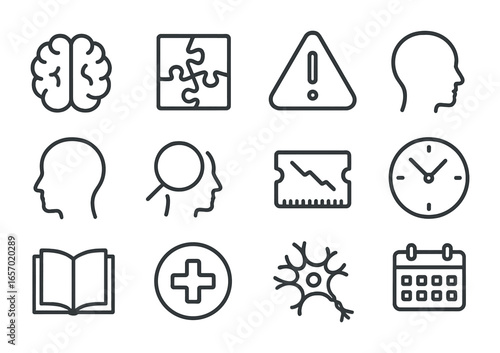 Memory Disorder Icons. Outline icon set of memory loss and disorders: brain, broken puzzle piece, warning sign