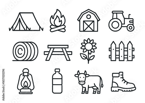 Farm Camping Icons. Outline icon set of farm camping trips: tent, campfire, barn, tractor, hay bale, picnic