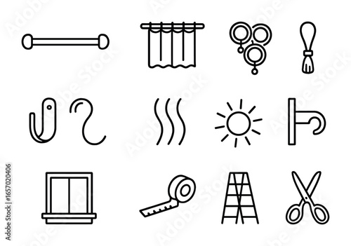 Cozy Curtain Icon Set. Outline icon set of cozy home curtain decor: curtain rod, sheer panel, curtain rings,