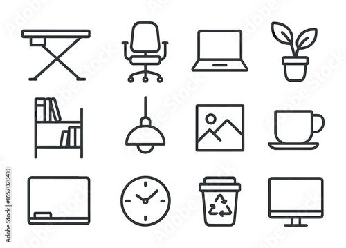 Multifunctional Workspace Icons. Outline icon set of multifunctional workspaces: convertible desk, ergonomic