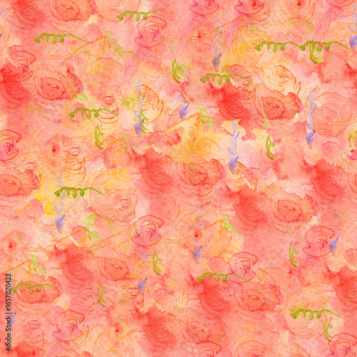 Fototapeta Watercolor Roses Seamless Pattern, Abstract Floral Texture Repeat, Hand-painted