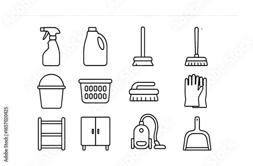 Laundry Icon Set. Outline icon set of laundry and cleaning supply storage: spray bottle, detergent bottle, mop