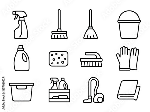 Cleaning Supplies Icons. Outline icon set of organizing household cleaning supplies: spray bottle, mop, broom,