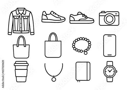 Street Style Icon Grid. Outline icon set of street style bloggers: denim jacket, sneakers, sunglasses, camera,