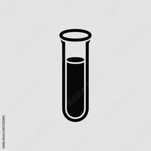 black vector silhouette of a classic cylindrical test tube with rounded bottom and open top, slightly angled for dynamic perspective,