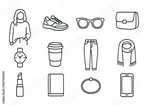 Chic Fashion Icons. Outline icon set of casual chic fashion bloggers: oversized sweater, sneakers, sunglasses,