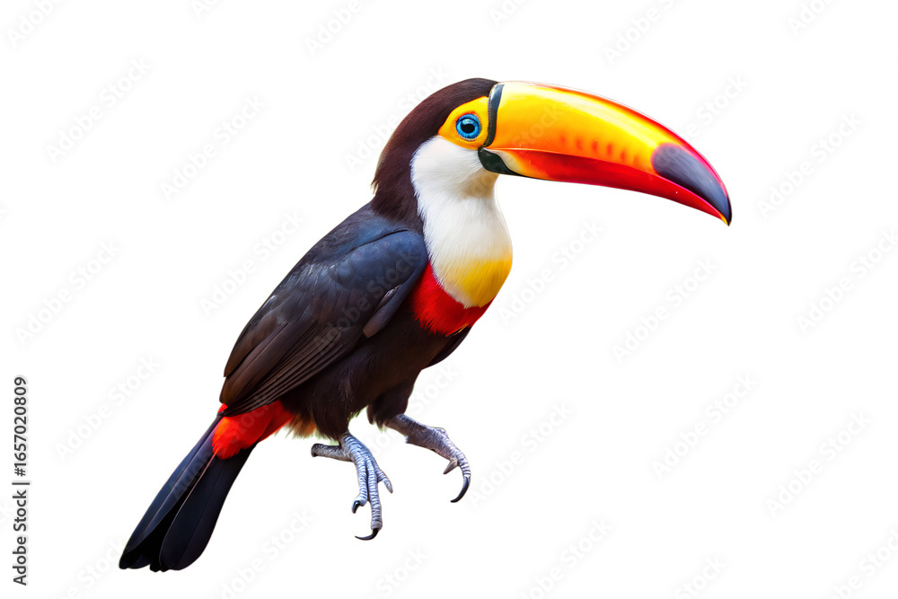Fototapeta premium A vibrant toucan bird with a large, colorful beak perched against a clean transparent background, highlighting its exotic appearance and tropical origins