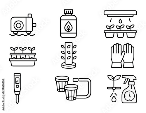 Hydroponic Gardening Icons. Outline icon set of hydroponic gardening: water pump, nutrient solution bottle,