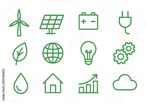 Green Energy Icons. Outline icon set of green energy ventures: wind turbine, solar panel, battery, electric