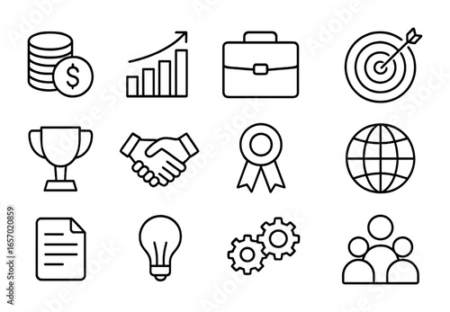 Financial Icons Grid. Outline icon set of financial prosperity: coins, bar chart, briefcase, target, trophy,