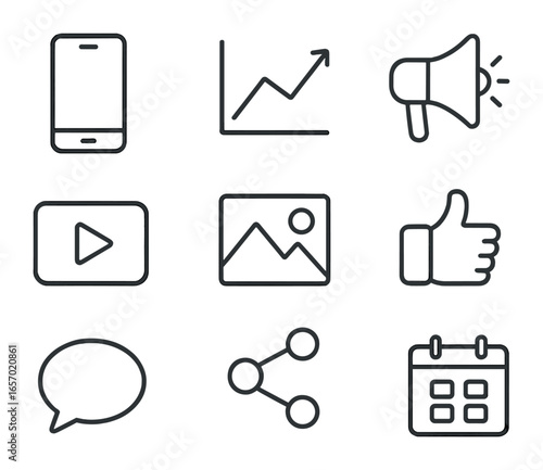 Social Media Icon Grid. Outline icon set of social media marketing: smartphone, graph, megaphone, video icon,