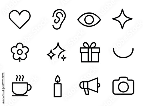 Sensory Icons Grid. Outline icon set of sensory branding: heart, ear, eye, star, flower, sparkles, gift box,