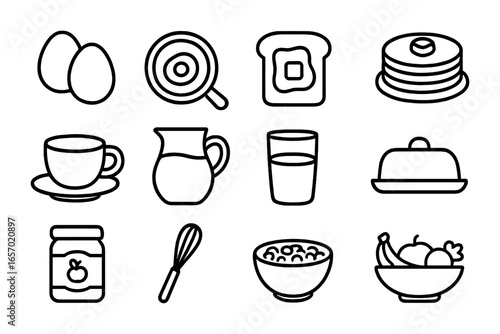 Breakfast Icon Set. Outline icon set of breakfast cooking at home: eggs, frying pan, toast, pancake stack,