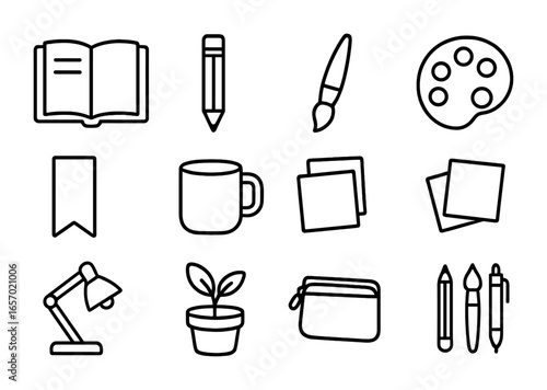 Creative Icon Set. Outline icon set of creative self-expression: open journal, pencil, paintbrush, palette,