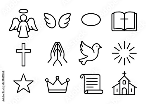 Angelic Icon Set. Outline icon set of angelic visions: angel, wings, halo, open Bible, cross, praying hands,