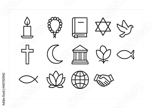 Religious Symbols Grid. Outline icon set of religious inclusion: candle, prayer beads, book, star, cross,