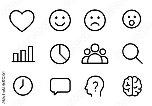 Emotion Icon Grid. Outline icon set of emotional response analysis: heart, smiley face, sad face, surprised